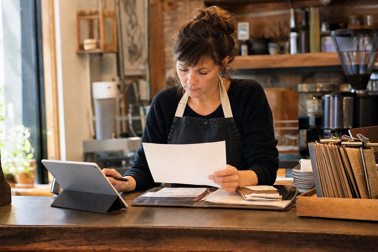 Cafe owner organizing bookkeeping paperwork before opening