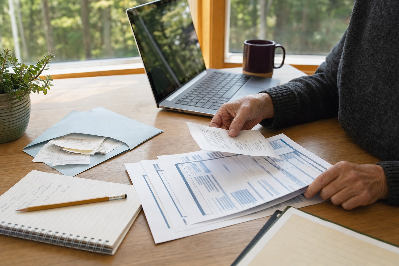 Bookkeeper sorting statements and receipts into a clear order