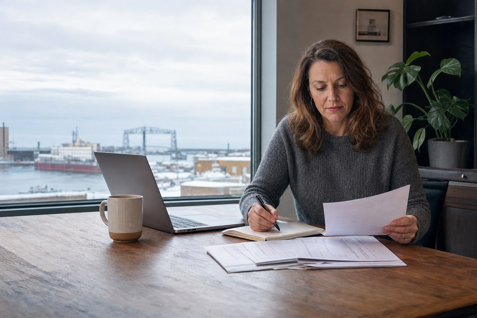 Small-business owner reviewing paperwork beside Lake Superior