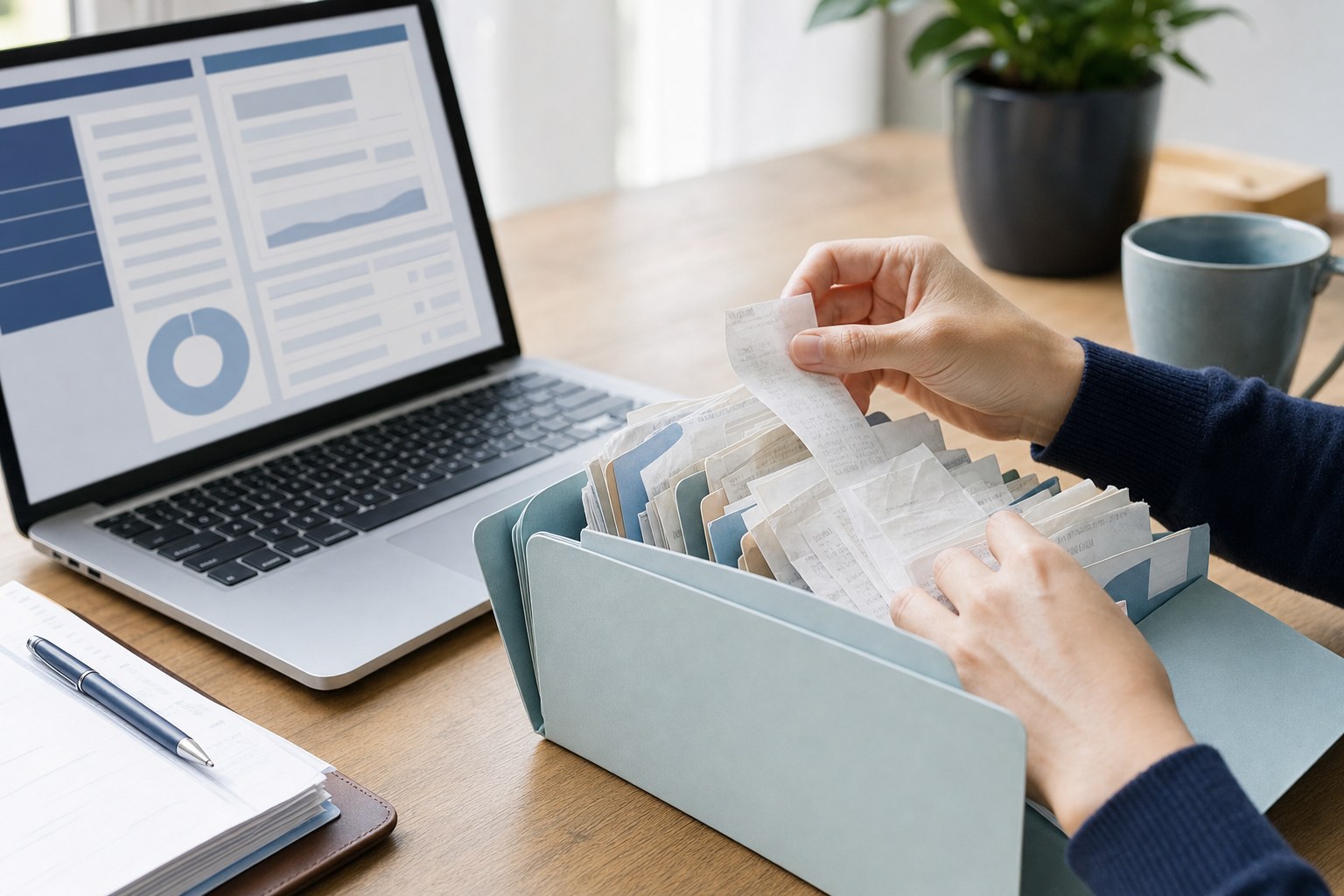 Hands sorting receipts into a folder beside a laptop with a bank reconciliation screen