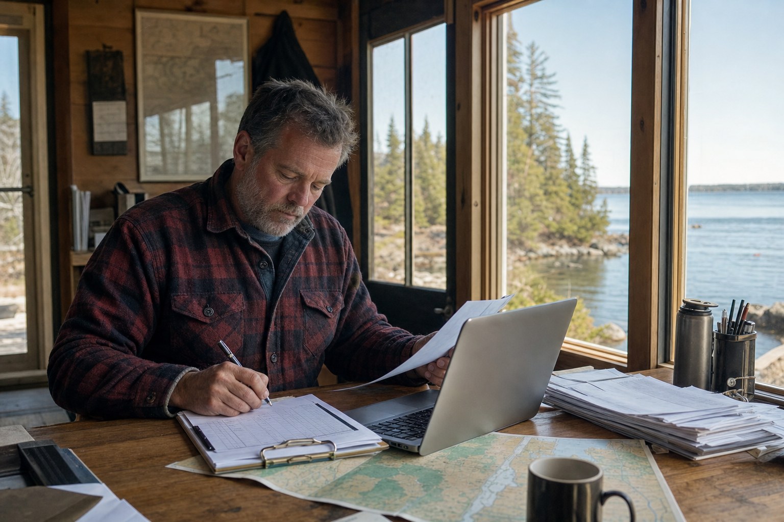 North Shore lodge owner handling office paperwork