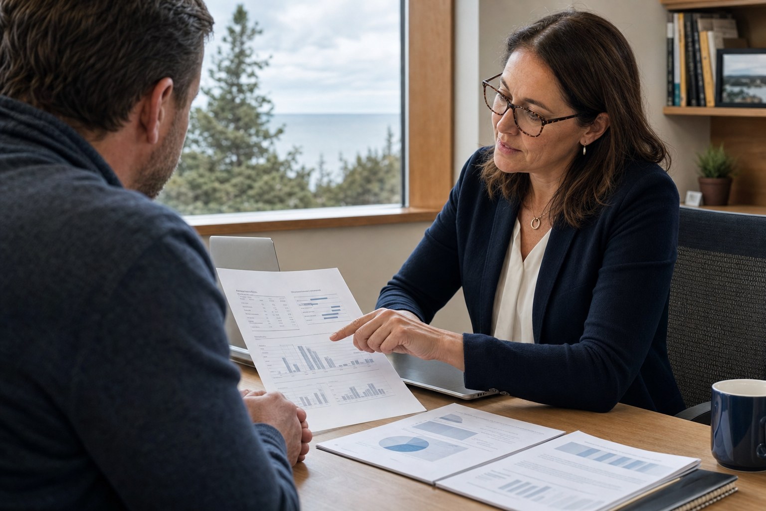 Bookkeeper walking a small-business owner through a printed monthly profit and loss report