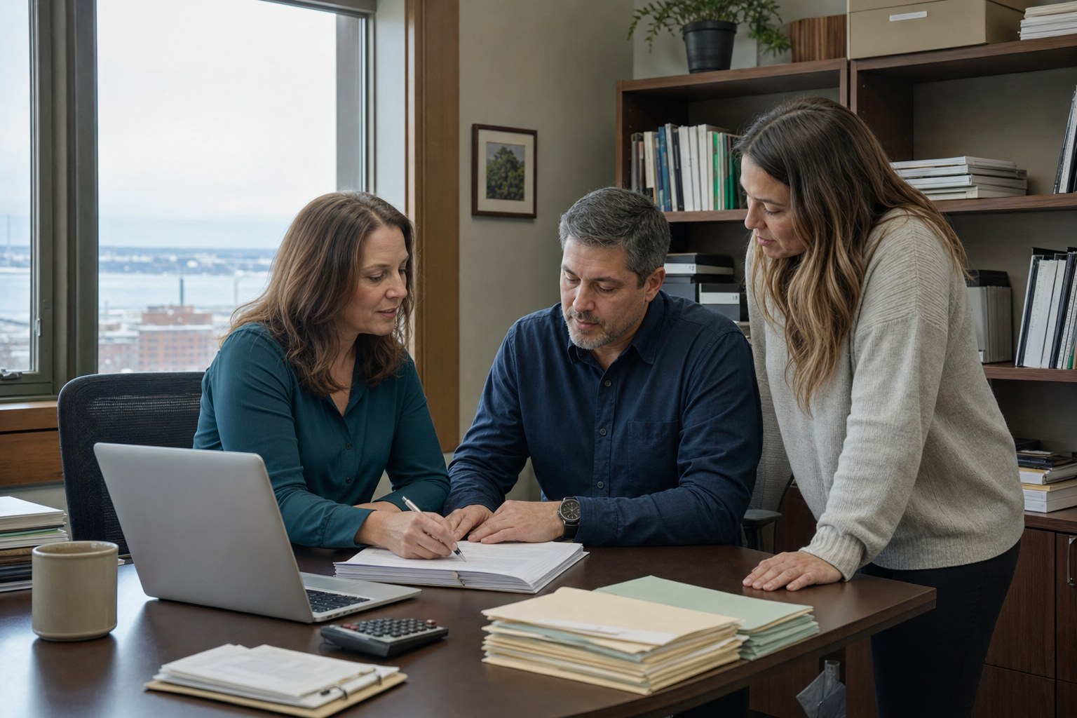 Bookkeeping colleagues reviewing records together in an office